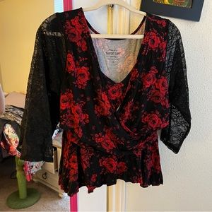 Torrid red floral lace surplice top, size 0. NWT